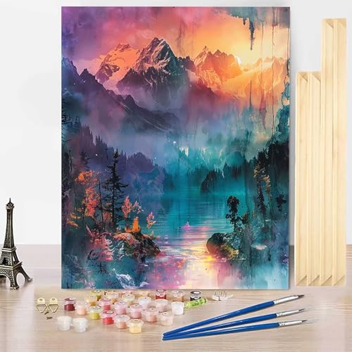 Malen Nach Zahlen Erwachsene Landschaft Malen Nach Zahlen mit Rahmen, Paint by Numbers Berg Painting by Numbers Bastelset Erwachsene mit 3 Pinseln und Acrylfarbe für Zimmer Deko (100 x 135 cm) -j3G3 von HENJGWEG