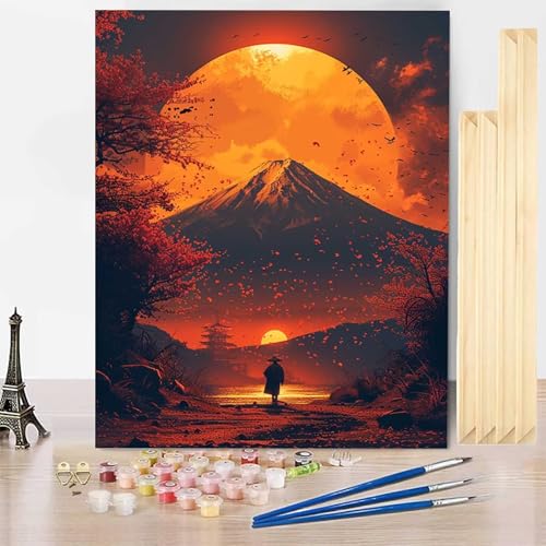 Malen Nach Zahlen Erwachsene Landschaft Malen Nach Zahlen mit Rahmen, Paint by Numbers Vulkan Fuji Painting by Numbers Bastelset Erwachsene mit 3 Pinseln und Acrylfarbe für Deko (70x95cm) -j377 von HENJGWEG