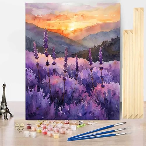 Malen Nach Zahlen Erwachsene Lavendel Malen Nach Zahlen mit Rahmen, Paint by Numbers Landschaft Painting by Numbers Bastelset Erwachsene mit 3 Pinseln und Acrylfarbe für Zimmer Deko (70x95cm) -j38Y von HENJGWEG