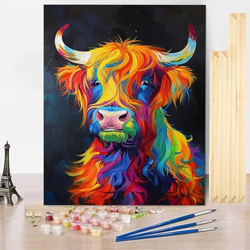 Malen Nach Zahlen Erwachsene Ochse Malen Nach Zahlen mit Rahmen, Paint by Numbers Tier Painting by Numbers Bastelset Erwachsene mit 3 Pinseln und Acrylfarbe für Deko Wohnzimmer (20x30cm) -j250310 von HENJGWEG