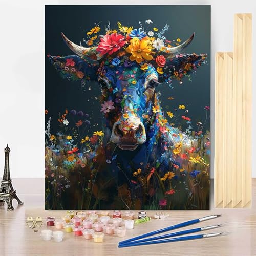 Malen Nach Zahlen Erwachsene Ochse Malen Nach Zahlen mit Rahmen, Paint by Numbers Tier Painting by Numbers Bastelset Erwachsene mit 3 Pinseln und Acrylfarbe für Deko Wohnzimmer (70x95cm) -j2503SW von HENJGWEG