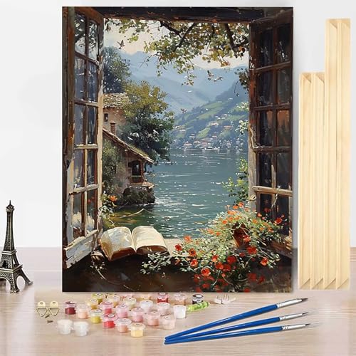 Malen Nach Zahlen Erwachsene Ozean Malen Nach Zahlen mit Rahmen, Paint by Numbers Häuser Painting by Numbers Bastelset Erwachsene mit 3 Pinseln und Acrylfarbe für Deko Wohnzimmer (70x95cm) -j2503XK von HENJGWEG