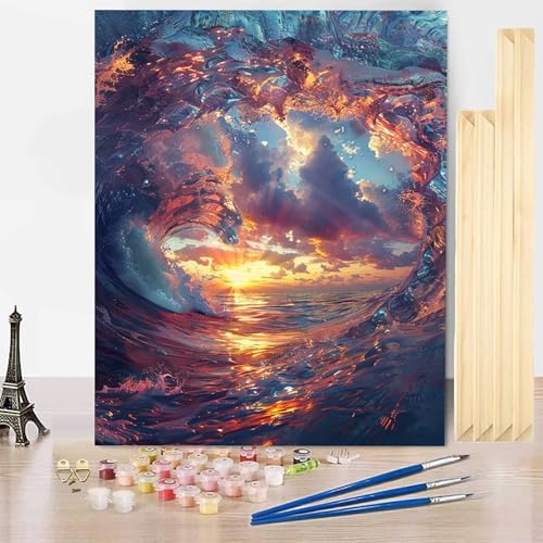 Malen Nach Zahlen Erwachsene Ozean Malen Nach Zahlen mit Rahmen, Paint by Numbers Wellen Painting by Numbers Bastelset Erwachsene mit 3 Pinseln und Acrylfarbe für Deko Wohnzimmer 70 x 95 cm -j2503K9 von HENJGWEG