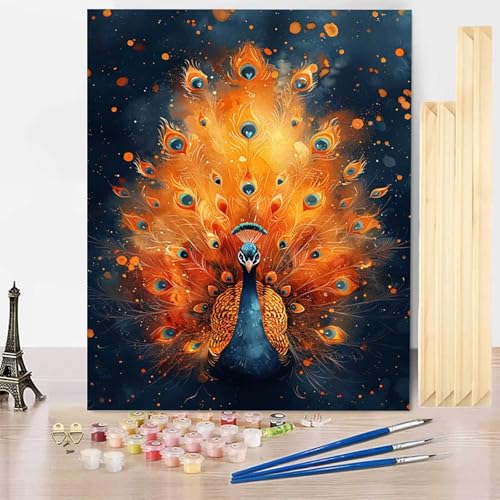 Malen Nach Zahlen Erwachsene Pfau Malen Nach Zahlen mit Rahmen, Paint by Numbers Tier Painting by Numbers Bastelset Erwachsene mit 3 Pinseln und Acrylfarbe für Deko Wohnzimmer (70x95cm) -j2503PN von HENJGWEG