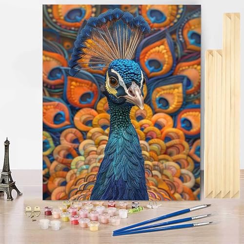 Malen Nach Zahlen Erwachsene Pfau Malen Nach Zahlen mit Rahmen, Paint by Numbers Tier Painting by Numbers Bastelset Erwachsene mit 3 Pinseln und Acrylfarbe für Deko Wohnzimmer 50 x 65 cm -j250302 von HENJGWEG