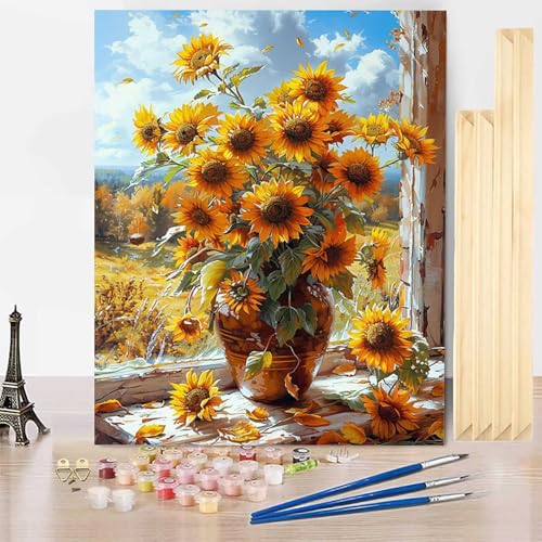 Malen Nach Zahlen Erwachsene Sonnenblume Malen Nach Zahlen mit Rahmen, Paint by Numbers Anlage Painting by Numbers Bastelset Erwachsene mit 3 Pinseln und Acrylfarbe für Deko Wohnzimmer (70x95cm) -j3LI von HENJGWEG