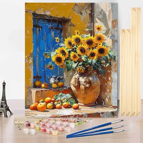 Malen Nach Zahlen Erwachsene Sonnenblume Malen Nach Zahlen mit Rahmen, Paint by Numbers Blume Painting by Numbers Bastelset Erwachsene mit 3 Pinseln und Acrylfarbe für Deko Wohnzimmer 50 x 65 cm -j339 von HENJGWEG