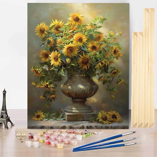 Malen Nach Zahlen Erwachsene Sonnenblume Malen Nach Zahlen mit Rahmen, Paint by Numbers Vase Painting by Numbers Bastelset Erwachsene mit 3 Pinseln und Acrylfarbe für Deko Wohnzimmer (20x30cm) -j036B von HENJGWEG