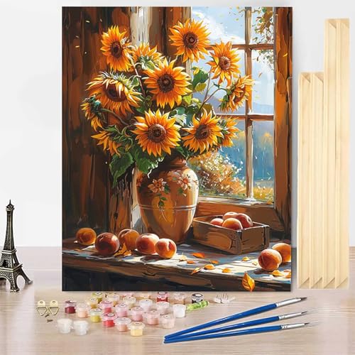 Malen Nach Zahlen Erwachsene Sonnenblume Malen Nach Zahlen mit Rahmen, Paint by Numbers Vase Painting by Numbers Bastelset Erwachsene mit 3 Pinseln und Acrylfarbe für Deko Wohnzimmer 70 x 95 cm -j03XO von HENJGWEG
