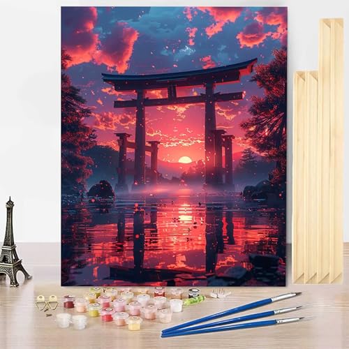 Malen Nach Zahlen Erwachsene Sonnenuntergang Malen Nach Zahlen mit Rahmen, Paint by Numbers Landschaft Painting by Numbers Bastelset Erwachsene mit 3 Pinseln und Acrylfarbe für Deko 70 x 95 cm -j359 von HENJGWEG