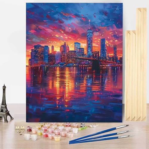 Malen Nach Zahlen Erwachsene Stadt Malen Nach Zahlen mit Rahmen, Paint by Numbers Landschaft Painting by Numbers Bastelset Erwachsene mit 3 Pinseln und Acrylfarbe für Deko Wohnzimmer (40x50cm) -j03F9 von HENJGWEG