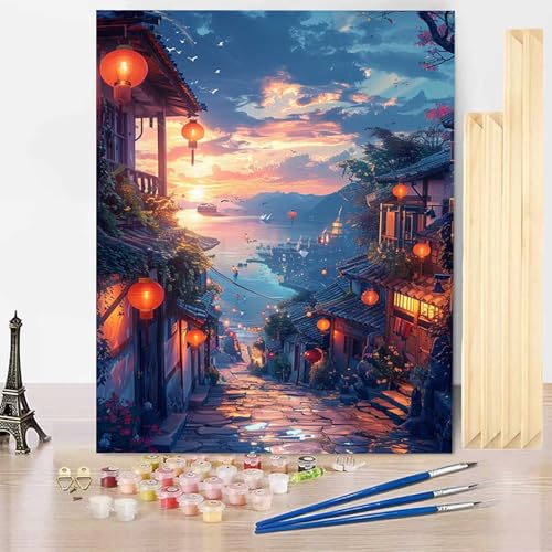 Malen Nach Zahlen Erwachsene Stadt Malen Nach Zahlen mit Rahmen, Paint by Numbers Landschaft Painting by Numbers Bastelset Erwachsene mit 3 Pinseln und Acrylfarbe für Deko Wohnzimmer 40 x 50 cm -j03LW von HENJGWEG