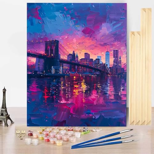 Malen Nach Zahlen Erwachsene Stadt Malen Nach Zahlen mit Rahmen, Paint by Numbers Nachtansicht Painting by Numbers Bastelset Erwachsene mit 3 Pinseln und Acrylfarbe für Zimmer Deko 60 X 80 CM -j3O9 von HENJGWEG
