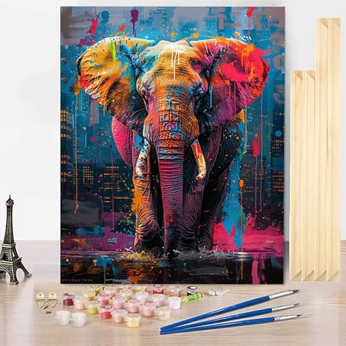 Malen Nach Zahlen Erwachsene Tier Malen Nach Zahlen mit Rahmen, Paint by Numbers Elefant Painting by Numbers Bastelset Erwachsene mit 3 Pinseln und Acrylfarbe für Deko Wohnzimmer 50 x 65 cm -j25036P von HENJGWEG