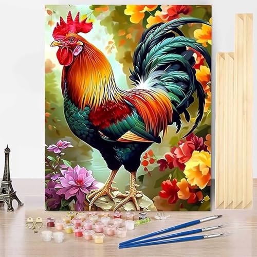 Malen Nach Zahlen Erwachsene Tier Malen Nach Zahlen mit Rahmen, Paint by Numbers Huhn Painting by Numbers Bastelset Erwachsene mit 3 Pinseln und Acrylfarbe für Deko Wohnzimmer (40x50cm) -j25034Y von HENJGWEG