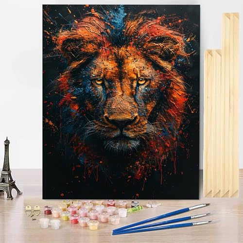 Malen Nach Zahlen Erwachsene Tier Malen Nach Zahlen mit Rahmen, Paint by Numbers Löwe Painting by Numbers Bastelset Erwachsene mit 3 Pinseln und Acrylfarbe für Deko Wohnzimmer (60 x 80 cm) -j2503CX von HENJGWEG