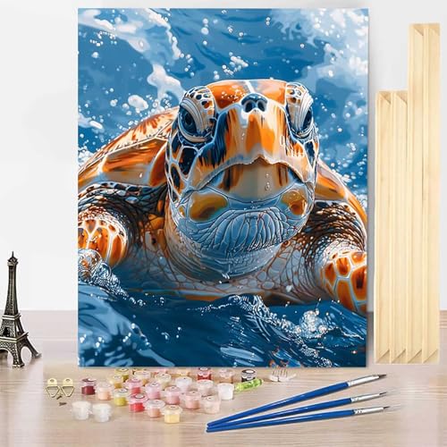 Malen Nach Zahlen Erwachsene Tier Malen Nach Zahlen mit Rahmen, Paint by Numbers Meeresschildkröten Painting by Numbers Bastelset Erwachsene mit 3 Pinseln und Acrylfarbe für Deko 50 x 65 cm -j3RR von HENJGWEG