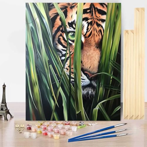 Malen Nach Zahlen Erwachsene Tier Malen Nach Zahlen mit Rahmen, Paint by Numbers Tiger Painting by Numbers Bastelset Erwachsene mit 3 Pinseln und Acrylfarbe für Deko Wohnzimmer (40 x 60 cm) -j2503BB von HENJGWEG
