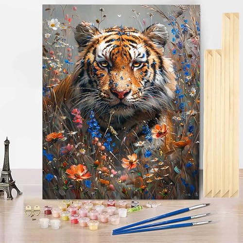 Malen Nach Zahlen Erwachsene Tiger Malen Nach Zahlen mit Rahmen, Paint by Numbers Lavendel Painting by Numbers Bastelset Erwachsene mit 3 Pinseln und Acrylfarbe für Deko Wohnzimmer (70x95cm) -j25037Y von HENJGWEG