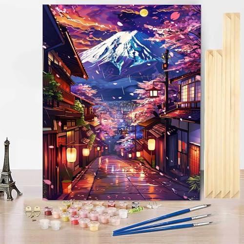 Malen Nach Zahlen Erwachsene Vulkan Fuji Malen Nach Zahlen mit Rahmen, Paint by Numbers Stadt Painting by Numbers Bastelset Erwachsene mit 3 Pinseln und Acrylfarbe für Zimmer Deko (60 x 80 cm) -j3G7 von HENJGWEG