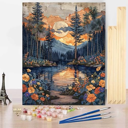 Malen Nach Zahlen Erwachsene Wald Malen Nach Zahlen mit Rahmen, Paint by Numbers Mond Painting by Numbers Bastelset Erwachsene mit 3 Pinseln und Acrylfarbe für Deko Wohnzimmer 70 x 95 cm -j2503HV von HENJGWEG