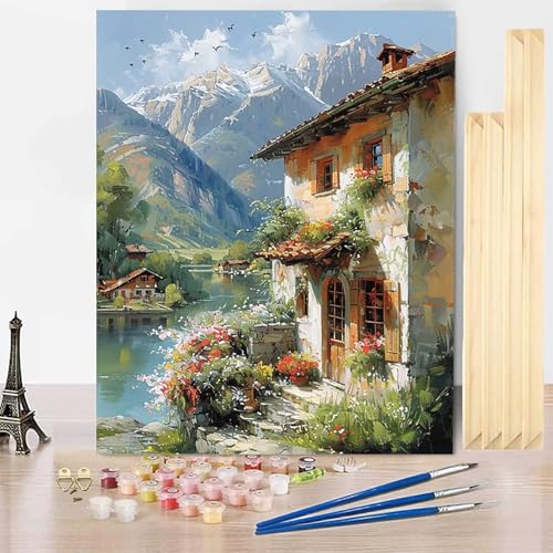 Malen Nach Zahlen Häuser Malen Nach Zahlen Erwachsene mit Rahmen, Paint by Numbers Berg Paint by Numbers Adult Inklusive 3 Pinsel und Acrylfarbe für Deko Wohnzimmer, Geschenke (70 x 95 cm) -j25034K von HENJGWEG