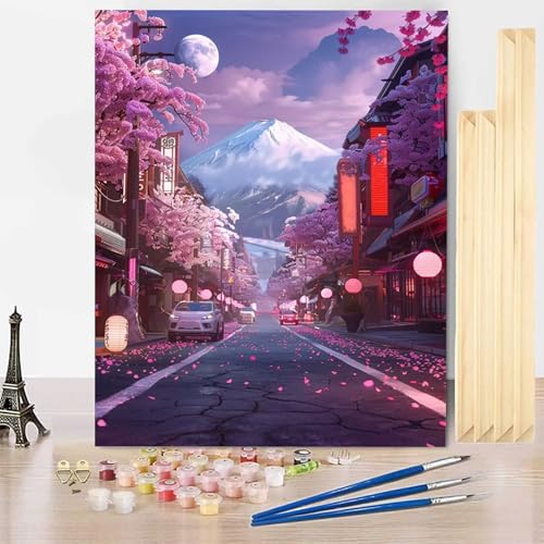 Malen Nach Zahlen Kirschblüten Malen Nach Zahlen Erwachsene mit Rahmen, Paint by Numbers Japan Paint by Numbers Adult Inklusive 3 Pinsel und Acrylfarbe für Deko Wohnzimmer (70 x 95 cm) -j2503S5 von HENJGWEG