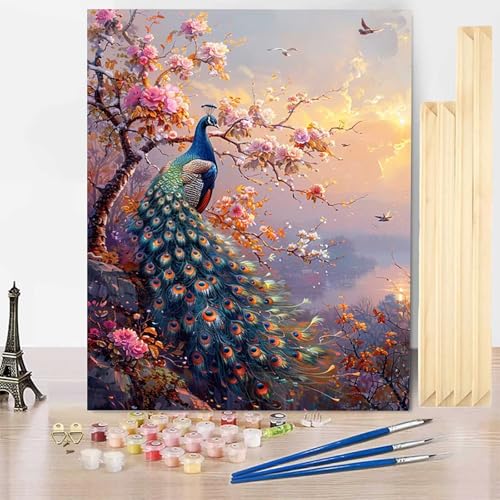 Malen Nach Zahlen Kirschblüten Malen Nach Zahlen Erwachsene mit Rahmen, Paint by Numbers Pfau Paint by Numbers Adult Inklusive 3 Pinsel und Acrylfarbe für Deko Wohnzimmer, Geschenke (60x80cm) -j25030W von HENJGWEG