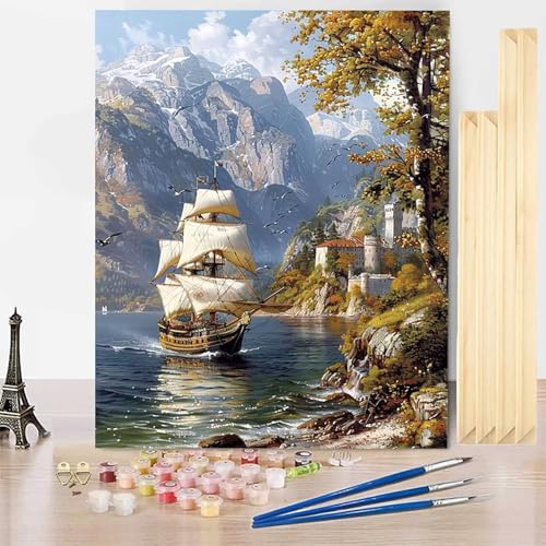 Malen Nach Zahlen Landschaft Malen Nach Zahlen Erwachsene mit Rahmen, Paint by Numbers Segelboot Paint by Numbers Adult Inklusive 3 Pinsel und Acrylfarbe für Deko Wohnzimmer (50 x 65 cm) -j25035J von HENJGWEG