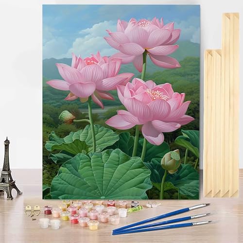 Malen Nach Zahlen Lotus Malen Nach Zahlen Erwachsene mit Rahmen, Paint by Numbers Blume Paint by Numbers Adult Inklusive 3 Pinsel und Acrylfarbe für Deko Wohnzimmer, Geschenke 60 x 80 cm -j2503VB von HENJGWEG