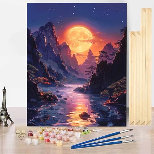 Malen Nach Zahlen Mond Malen Nach Zahlen Erwachsene mit Rahmen, Paint by Numbers Berg Paint by Numbers Adult Inklusive 3 Pinsel und Acrylfarbe für Deko Wohnzimmer, Geschenke (70 x 95 cm) -j250321 von HENJGWEG
