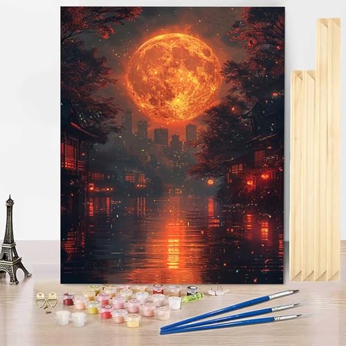 Malen Nach Zahlen Mond Malen Nach Zahlen Erwachsene mit Rahmen, Paint by Numbers Landschaft Paint by Numbers Adult Inklusive 3 Pinsel und Acrylfarbe für Deko Wohnzimmer, Geschenke (100x135cm) -j250357 von HENJGWEG