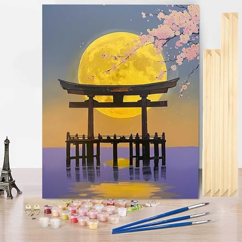 Malen Nach Zahlen Mond Malen Nach Zahlen Erwachsene mit Rahmen, Paint by Numbers Landschaft Paint by Numbers Adult Inklusive 3 Pinsel und Acrylfarbe für Zimmer Deko Wohnzimmer (50 x 65 cm) -j2503DD von HENJGWEG
