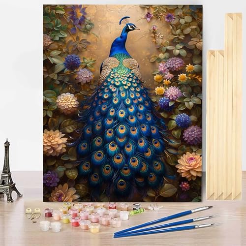 Malen Nach Zahlen Pfau Malen Nach Zahlen Erwachsene mit Rahmen, Paint by Numbers Blume Paint by Numbers Adult Inklusive 3 Pinsel und Acrylfarbe für Deko Wohnzimmer, Geschenke (70 x 95 cm) -j2503AO von HENJGWEG