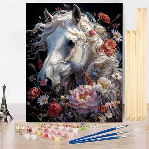 Malen Nach Zahlen Pferd Malen Nach Zahlen Erwachsene mit Rahmen, Paint by Numbers Blume Paint by Numbers Adult Inklusive 3 Pinsel und Acrylfarbe für Deko Wohnzimmer, Geschenke (70 x 95 cm) -j25036C von HENJGWEG