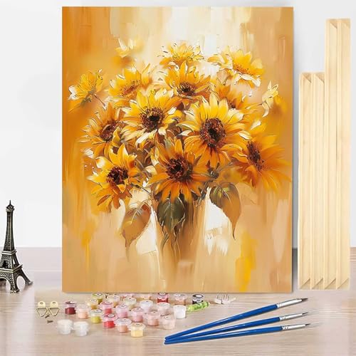 Malen Nach Zahlen Sonnenblume Malen Nach Zahlen Erwachsene mit Rahmen, Paint by Numbers Blume Paint by Numbers Adult Inklusive 3 Pinsel und Acrylfarbe für Zimmer Deko Wohnzimmer 20 X 30 CM -j250355 von HENJGWEG