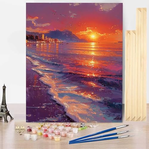 Malen Nach Zahlen Strand Malen Nach Zahlen Erwachsene mit Rahmen, Paint by Numbers Sonnenuntergang Paint by Numbers Adult Inklusive 3 Pinsel und Acrylfarbe für Deko Wohnzimmer (70 x 95 cm) -j2503LH von HENJGWEG