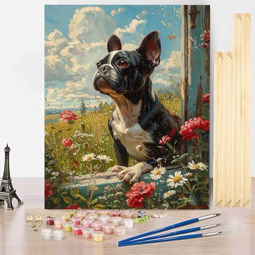 Malen Nach Zahlen Tier Malen Nach Zahlen Erwachsene mit Rahmen, Paint by Numbers Hund Paint by Numbers Adult Inklusive 3 Pinsel und Acrylfarbe für Deko Wohnzimmer, Geschenke (40x60cm) -j250382C von HENJGWEG