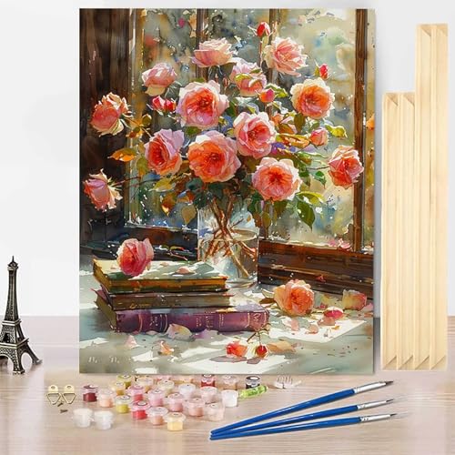 Malen Nach Zahlen Vase Malen Nach Zahlen Erwachsene mit Rahmen, Paint by Numbers Blume Paint by Numbers Adult Inklusive 3 Pinsel und Acrylfarbe für Deko Wohnzimmer, Geschenke (70 x 95 cm) -j25036Z von HENJGWEG