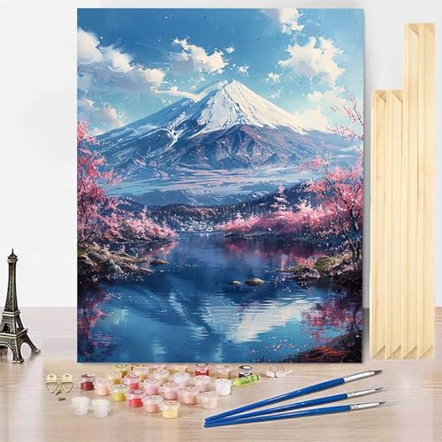 Malen Nach Zahlen Vulkan Fuji Malen Nach Zahlen Erwachsene mit Rahmen, Paint by Numbers Kirschblüten Paint by Numbers Adult Inklusive 3 Pinsel und Acrylfarbe für Deko Wohnzimmer (70 x 95 cm) -j2503D9 von HENJGWEG