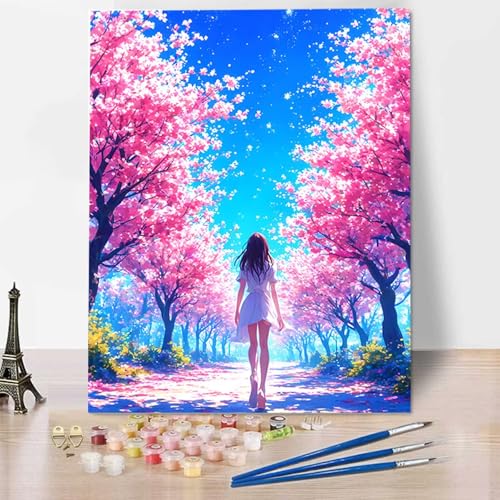 Malen nach Zahlen Kinder ab 7 8 9 10 Jahre Mädchen, Paint by Numbers color Malen Nach Zahlen Erwachsene Jugendliche Malen-Nach-Zahlen Kinder Teenagers für Home Decor Kirschblüten (50x65cm) 9-V von HENJGWEG
