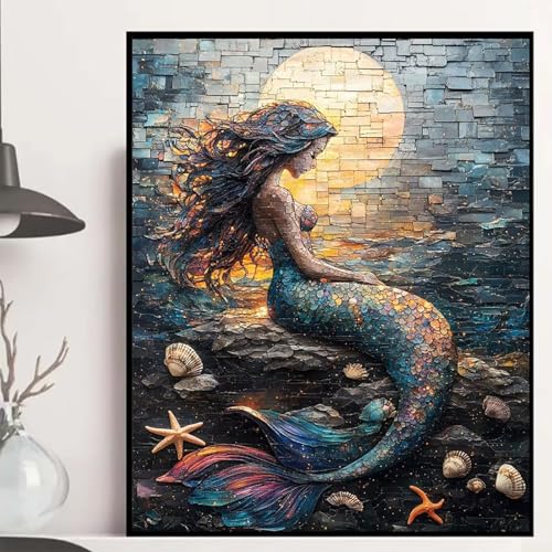 Meerjungfrau Diamond Painting 100x135 cm, Mond Diamond Painting Erwachsene Anfänger 5D DIY Runder Vollbohrer Diamanten Malerei Mosaik Bastelset Erwachsene für Zimmer Deko, Geschenke -hjw2508344P7 von HENJGWEG