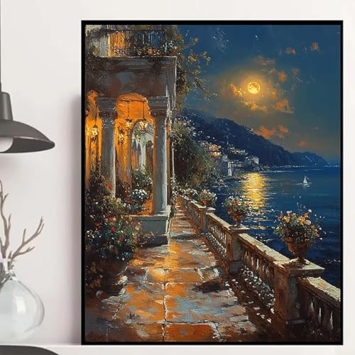 Mond Diamond Painting 100x135cm, Meer Diamond Painting Erwachsene Anfänger 5D DIY Runder Vollbohrer Diamanten Malerei Mosaik Bastelset Erwachsene für Zimmer Deko, Geschenke für Frauen -hjw25084J von HENJGWEG