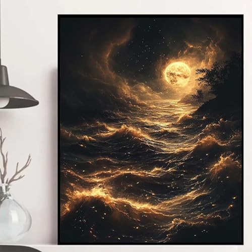 Mond Diamond Painting 100x135cm, Meer Diamond Painting Erwachsene Anfänger 5D DIY Runder Vollbohrer Diamanten Malerei Mosaik Bastelset Erwachsene für Zimmer Deko, Geschenke für Frauen -hjw2508BF von HENJGWEG