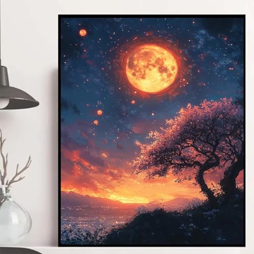 Mond Diamond Painting 80x60cm, Kirschblüten Diamond Painting Erwachsene Anfänger 5D DIY Runder Vollbohrer Diamanten Malerei Mosaik Bastelset Erwachsene für Zimmer Deko, Geschenke für Frauen -hjw2508NM von HENJGWEG