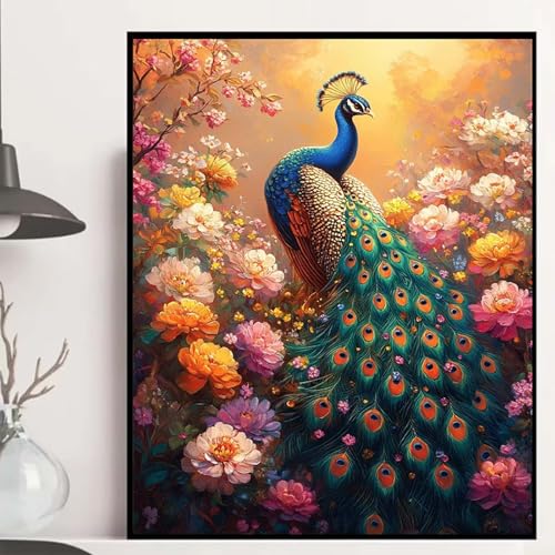 Pfau Diamond Painting 100×135cm, Blumen Diamond Painting Erwachsene Anfänger 5D DIY Runder Vollbohrer Diamanten Malerei Mosaik Bastelset Erwachsene für Zimmer Deko, Geschenke für Frauen -hjw25080T von HENJGWEG