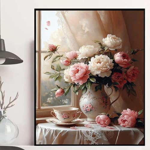 Vase Diamond Painting 60×80cm, Blumen Diamond Painting Erwachsene Anfänger 5D DIY Runder Vollbohrer Diamanten Malerei Mosaik Bastelset Erwachsene für Zimmer Deko, Geschenke für Frauen -hjw25080Y von HENJGWEG