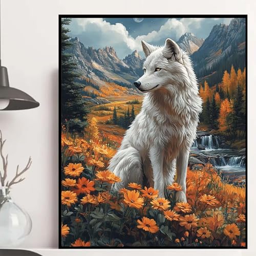 Wolf Diamond Painting 60x80cm, Herbst Diamond Painting Erwachsene Anfänger 5D DIY Runder Vollbohrer Diamanten Malerei Mosaik Bastelset Erwachsene für Zimmer Deko, Geschenke für Frauen -hjw2508FL von HENJGWEG