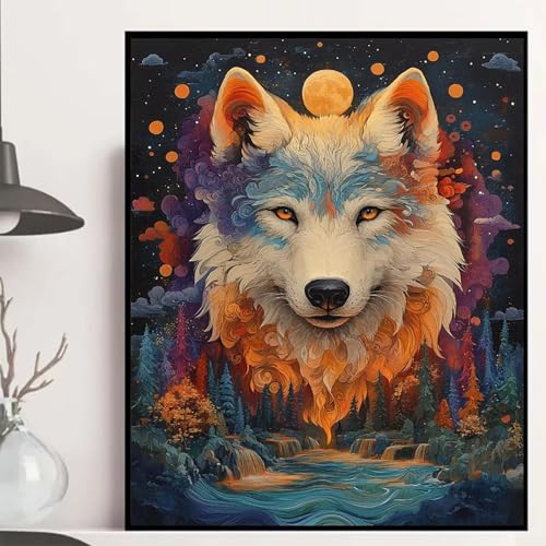 Wolf Diamond Painting 60×80cm, Wald Diamond Painting Erwachsene Anfänger 5D DIY Runder Vollbohrer Diamanten Malerei Mosaik Bastelset Erwachsene für Zimmer Deko, Geschenke für Frauen -hjw25080395L von HENJGWEG