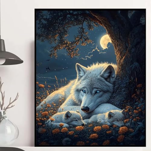 Wolf Diamond Painting 90x120cm, Mond Diamond Painting Erwachsene Anfänger 5D DIY Runder Vollbohrer Diamanten Malerei Mosaik Bastelset Erwachsene für Zimmer Deko, Geschenke für Frauen -hjw2508B8 von HENJGWEG